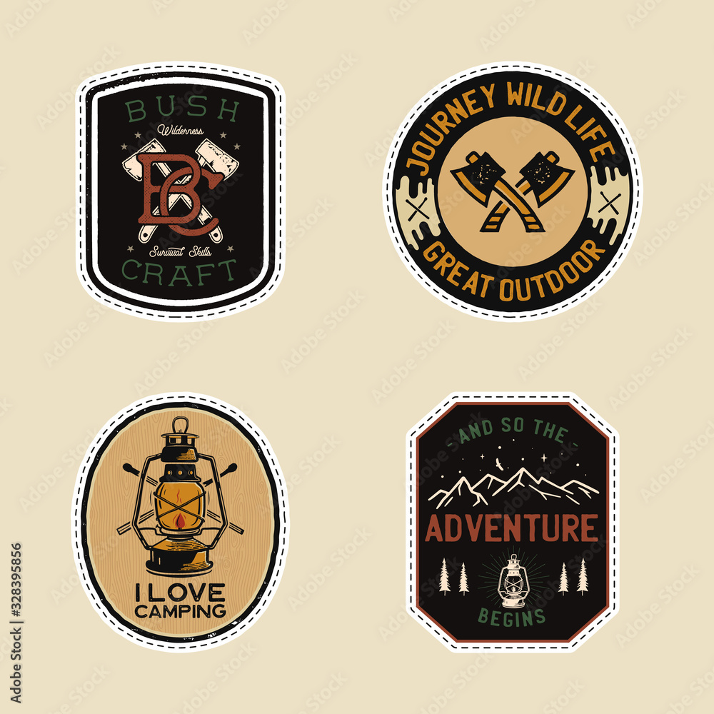 Vintage camp patches logos, mountain badges set. Hand drawn stickers designs. Travel expedition, backpacking labels. Outdoor emblems. Logotypes collection. Stock vector.