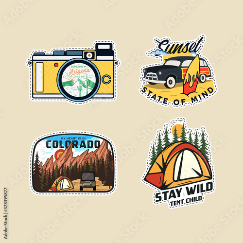 Vintage camp patches logos, mountain badges set. Hand drawn stickers designs. Summer vacation labels. Outdoor hiking emblems. Logotypes collection. Stock vector.