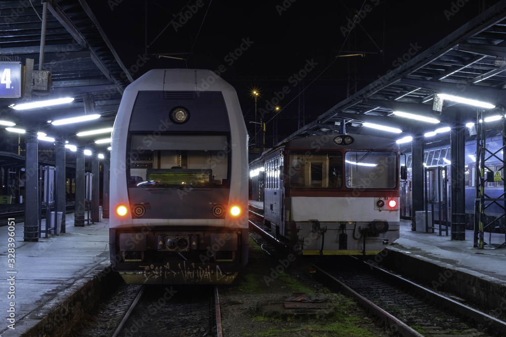 Naklejka premium Modern train next to old train at the train station