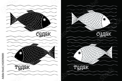 vector drawing of two fish with scales on a background of waves. vector inscription in Russian "pike perch". two variants of the picture - on a black and white background.