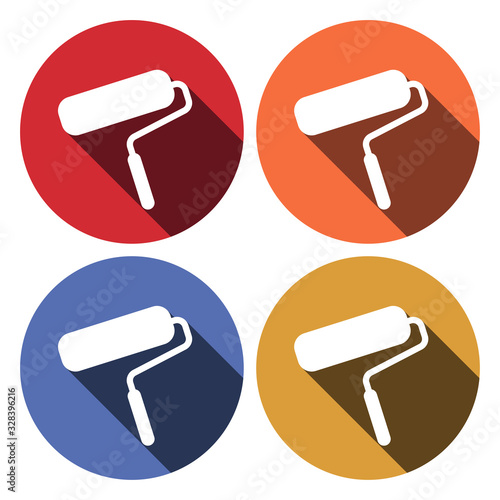 Paint roller sign icon. Painting tool symbol. Circle buttons with long shadow. 4 icons set. Vector
