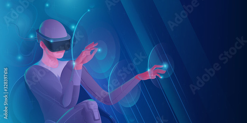 Woman in virtual reality helmet touches virtual interface buttons with her hands. Vector image of modern technologies for communication, games, creativity. Banner in blue tones. EPS10