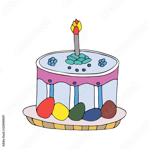 Bright Easter cake with a candle and colored Easter eggs. Russian traditional. Hand drawn vector. Illustration isolated on white background.