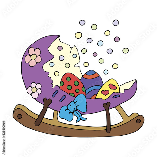 Magic cradle lullaby - easter painted egg with flowers and bows. Hand drawn vector. Illustration isolated on white background.