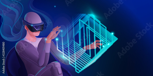 A woman in a virtual reality helmet plays, passing a virtual maze in a cube. Vector image of modern technologies for communication, games, creativity. Banner in blue tones. EPS10