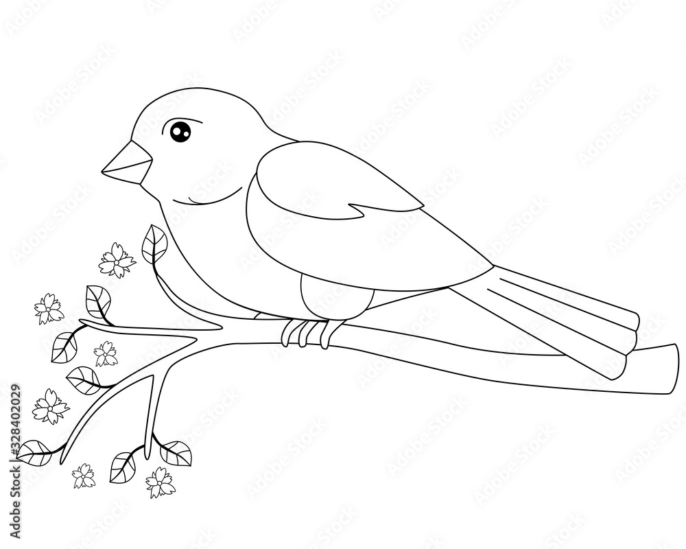 Little bird - sparrow sitting on a flowering branch - linear vector spring picture for coloring. Cute bird on a branch with young leaves and little flowers. Outline. Hand drawing Little bird - sparrow sitting on a flowering branch - linear vector spring picture for coloring. Cute bird on a branch with young leaves and little flowers. Outline. Hand drawing