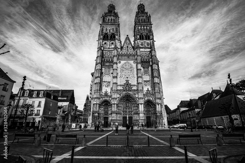 Tours, France - 02/20/20 :Tours's cathedral. Cathedral Saint Gatien. Front of the cathedral taken in black and white. Wide angle picture. Evening picture.
