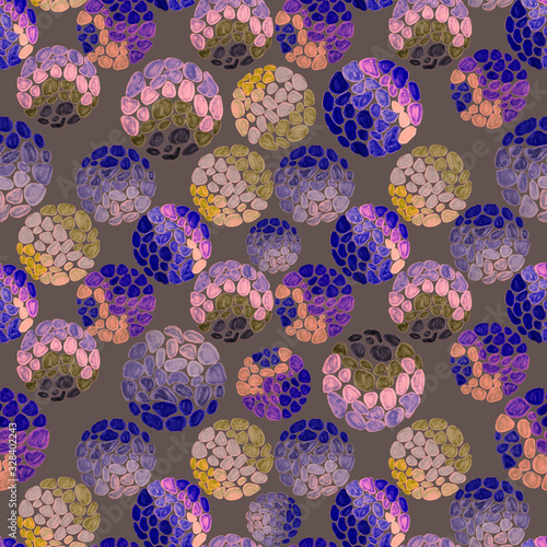 Creative seamless pattern with hand drawn circles with spots and triangles. G...