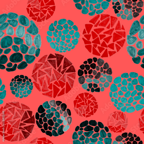Creative seamless pattern with hand drawn circles with spots and triangles. G...