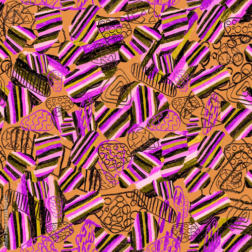 Creative seamless pattern with beautiful bright abstract spots. Colorful text...