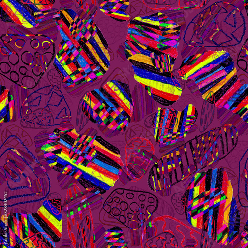 Creative seamless pattern with beautiful bright abstract spots. Colorful text...