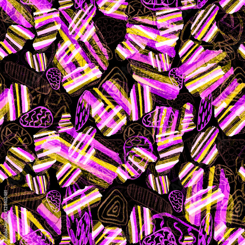 Creative seamless pattern with beautiful bright abstract spots. Colorful text...