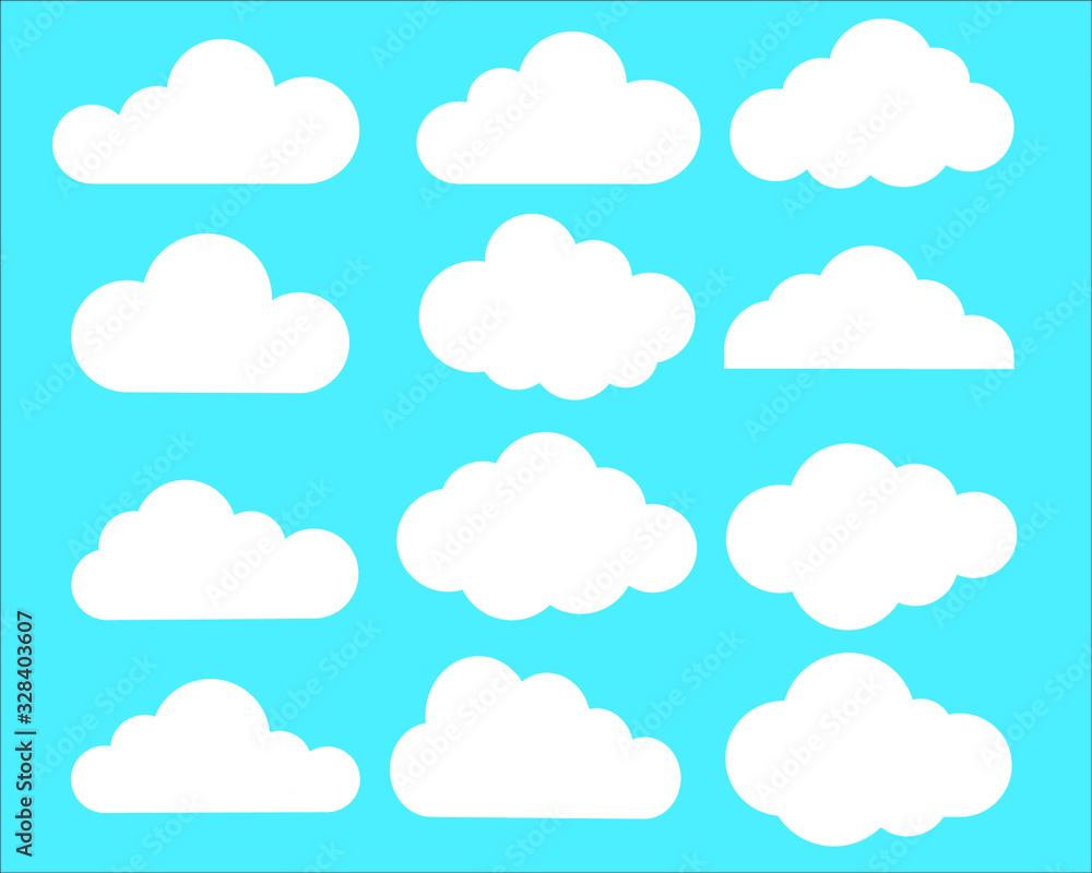 Clouds vector set. Different cloud shapes in blue and white flat background. Clouds vector set. Different cloud shapes in blue and white flat background.