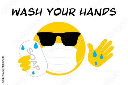 wash your hands emoji washing hands with soap wearing sunglasses  face mask  its cool to prevent the spread of virus  coronavirus covid19 concept