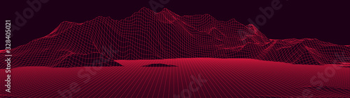 Vector wireframe 3d landscape. Technology grid illustration. Network of connected dots and lines. Futuristic background.