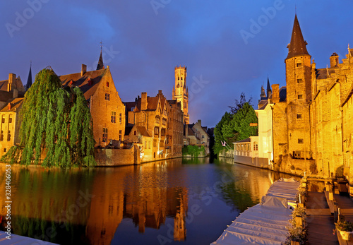 View from the Rozenhoedkaai of the canals of Bruges, Belgium.