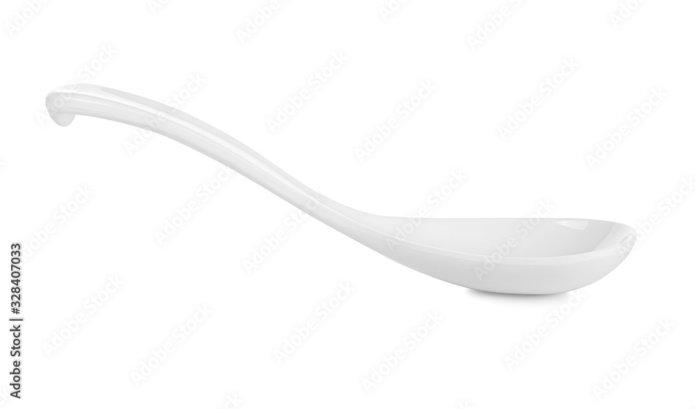 empty ceramic spoon for soup on white background empty ceramic spoon for soup on white background