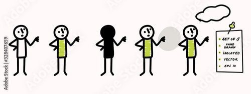 Hand drawn stick figure pondering pose. Concept of lecture, explanation or talk. Simple vector stickman line art icon. Symbol sign with speech bubble. Isolated set of 5 in simple crayon doodle color.