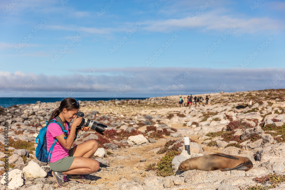 Galapagos tourist taking pictures of Galapagos Sea Lion on North Seymour Island, Galapagos Islands. Amazing animals and wildlife during Galapagos cruise ship vacation travel