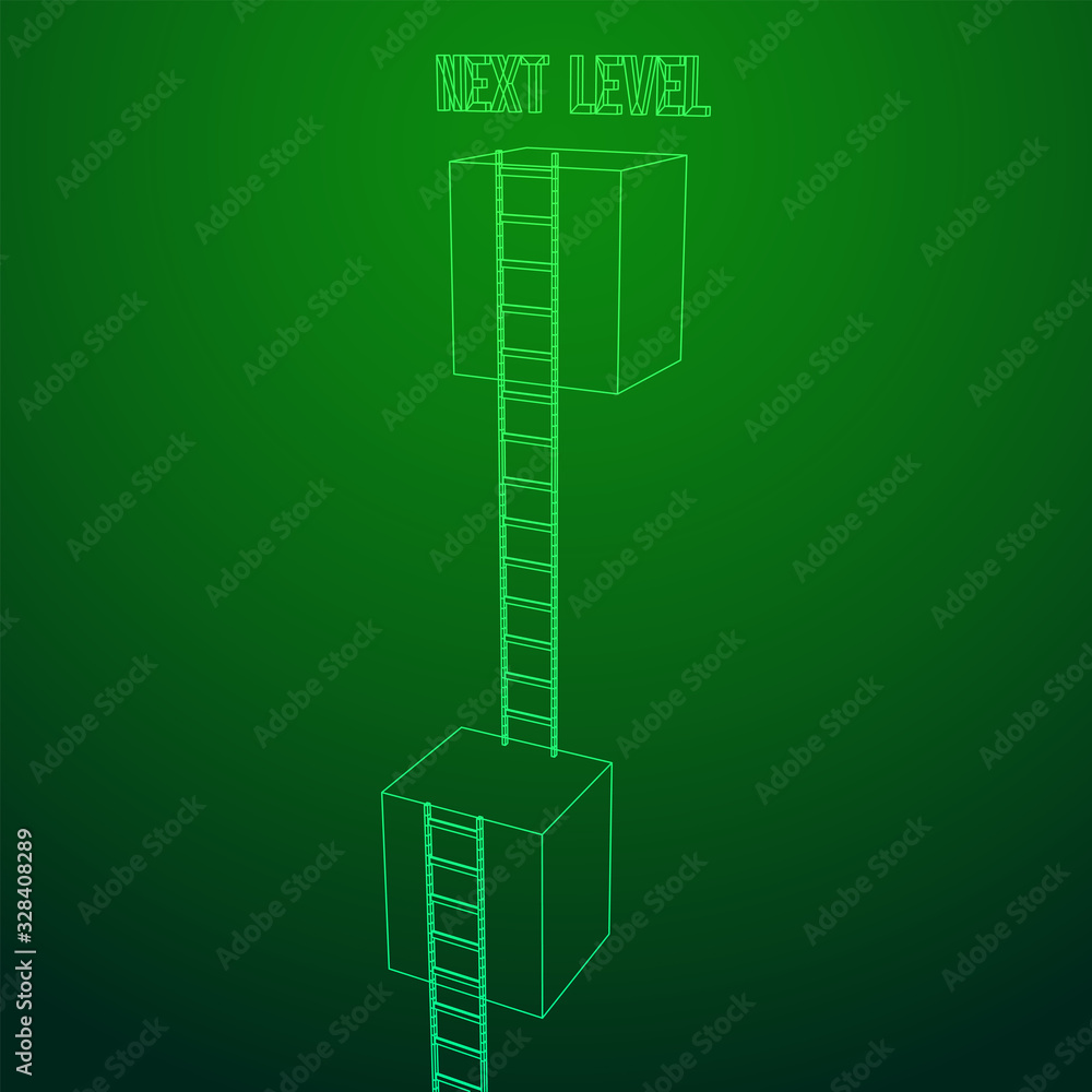 Next level with high giant box wall towards the sky with clouds and tall ladders. Pass challenge to reach the goal concept. Wireframe low poly mesh vector illustration. Next level with high giant box wall towards the sky with clouds and tall ladders. Pass challenge to reach the goal concept. Wireframe low poly mesh vector illustration.