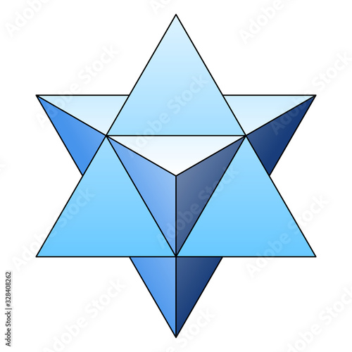 Blue star tetrahedron, also called Merkaba or Mer-Ka-Ba. A stellated octahedron, or stella octangula, can be seen as a 3D extension of the Star of David. Illustration on white background. Vector. photo