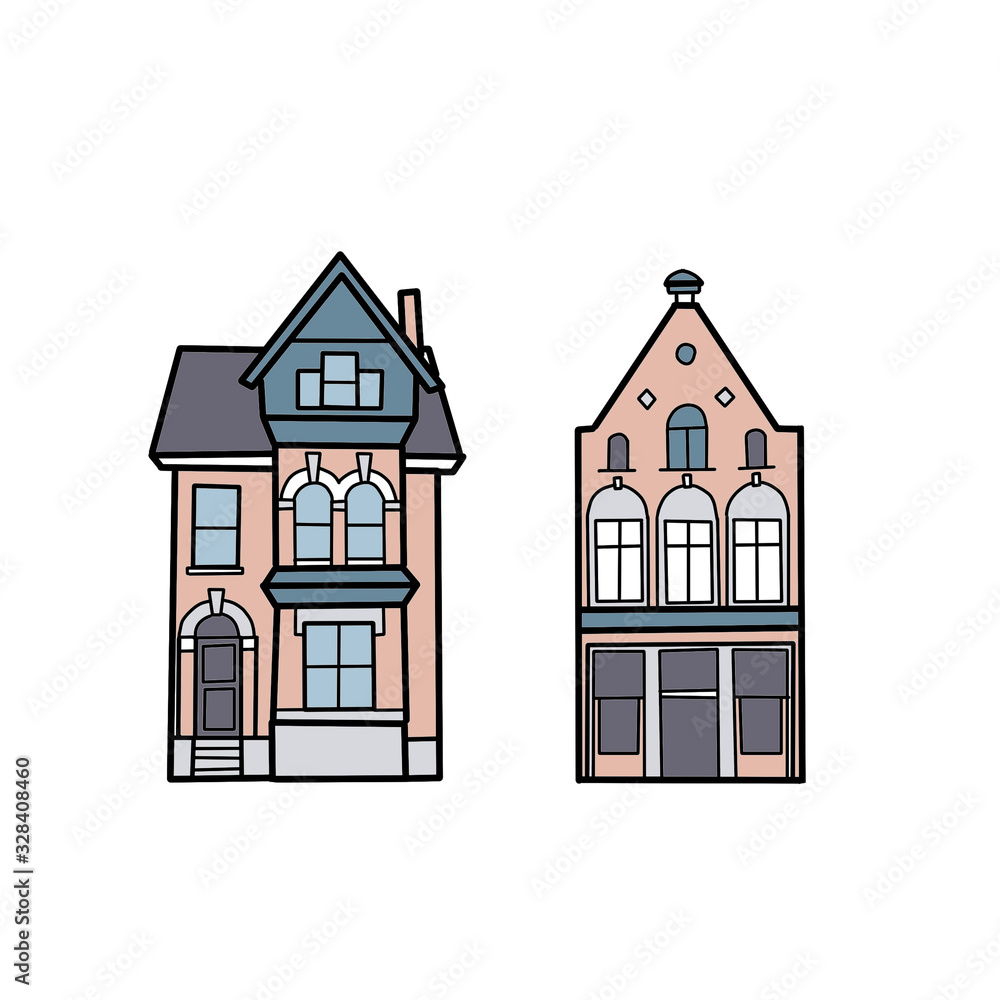 Two houses in a set, European architecture, cartoon style Two houses in a set, European architecture, cartoon style