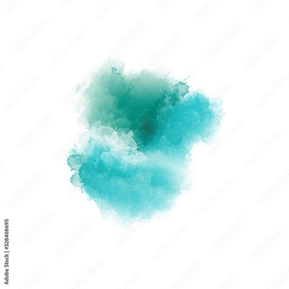 Digital drawing in shades of green and blue. Multi color paint spots isolated on white background. Abstract watercolor illustration. Mixed media art
