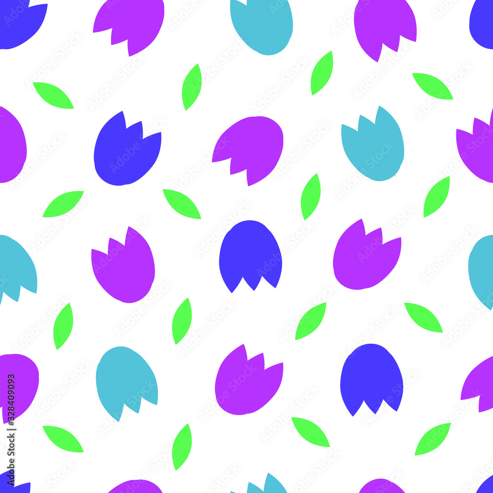 Colored tulip buds and leaves seamless pattern on a white background. Colored tulip buds and leaves seamless pattern on a white background.