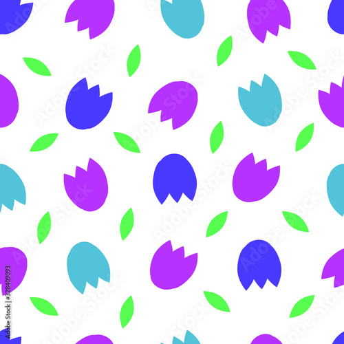 Colored tulip buds and leaves seamless pattern on a white background.