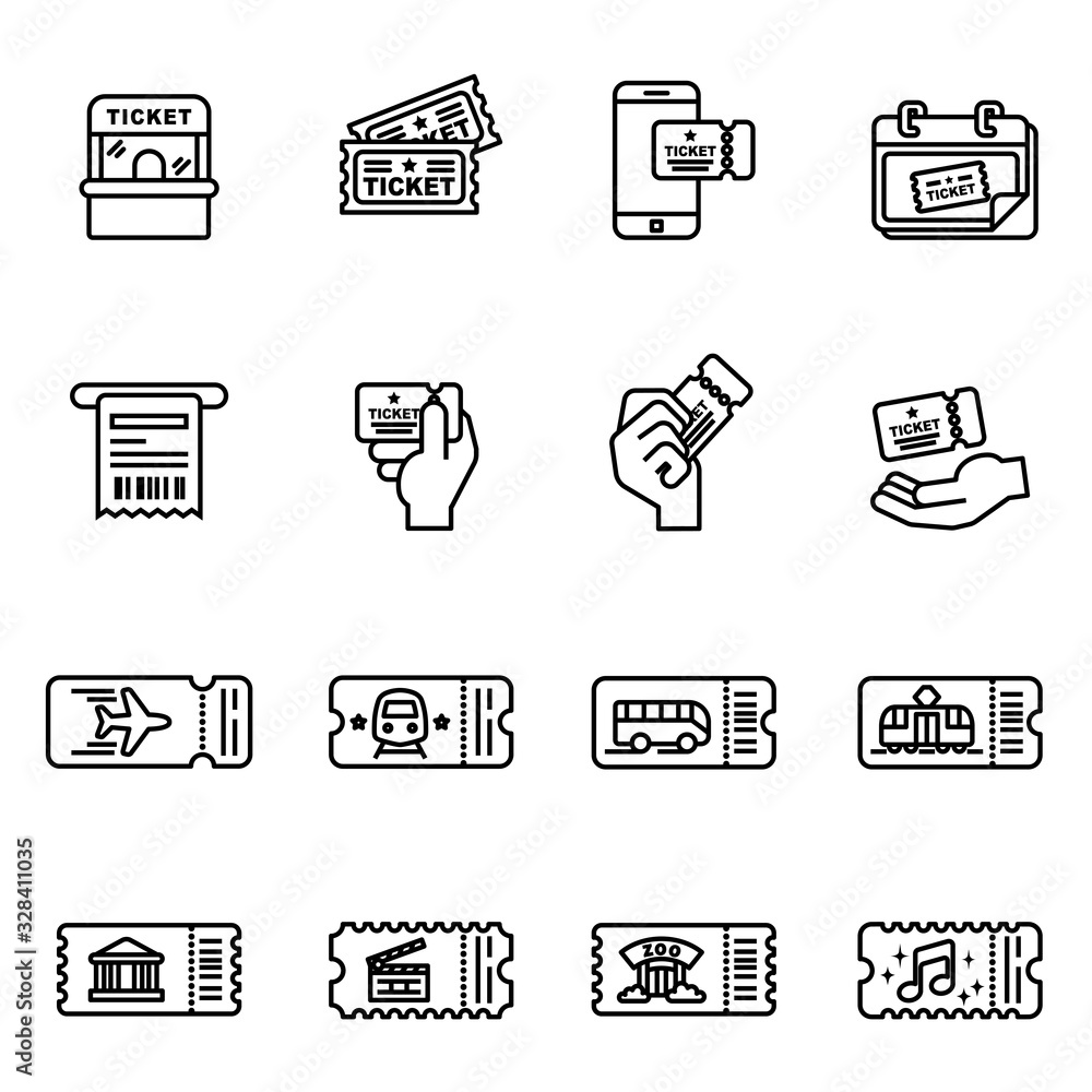 Ticket vector icons set with white background. Thin Line Style stock vector. Ticket vector icons set with white background. Thin Line Style stock vector.
