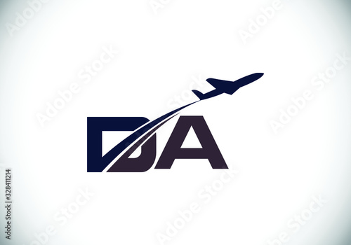 A modern logo featuring the letters DA with an airplane ascending and leaving a trail behind it.
