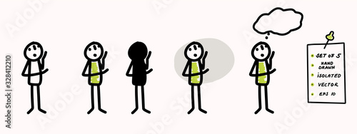 Hand drawn stick figure thinking pose. Concept of pondering decision, idea, standing. Simple vector stickman line art icon. Symbol sign thought bubble. Isolated set of 5 in simple crayon doodle color.