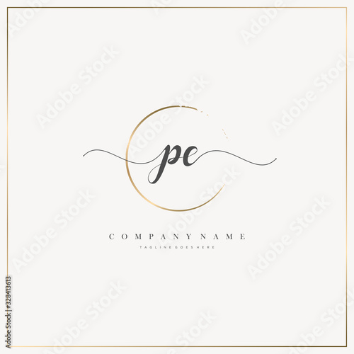 PE Initial Letter handwriting logo hand drawn template vector, logo for beauty, cosmetics, wedding, fashion and business