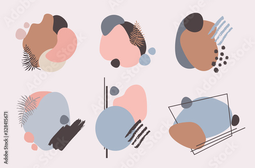 Set of abstract geometric design with pink, brown, blue modern shapes, palm l...