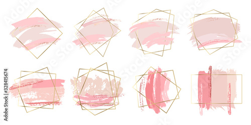 Set of abstract pastel pink brush strokes and spots with gold geometric frames