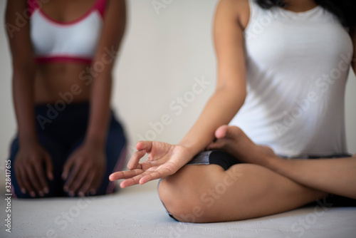 Indian black and white brunettes girls performing yoga/sports /exercise in underwear in front of a white background. Indian lifestyle