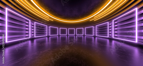 Dark hall with bright colored neon lights on a black background. 3d rendering image.