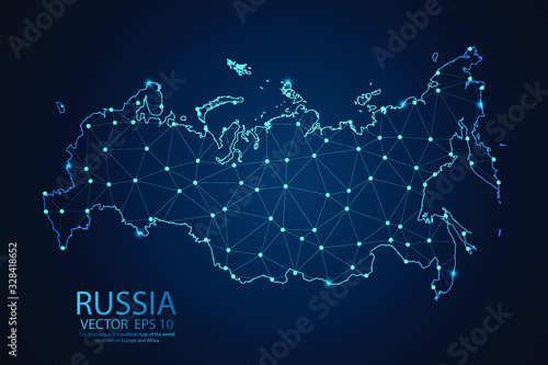 Abstract mash line and point scales on dark background with Map of Russia. Wire frame 3D mesh polygonal network line, polygon design sphere, dot and structure. Vector illustration eps 10.
