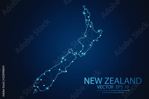 Abstract mash line and point scales on dark background with map of New zealand. Wire frame 3D mesh polygonal network line, design sphere, dot and structure. Vector illustration eps 10.