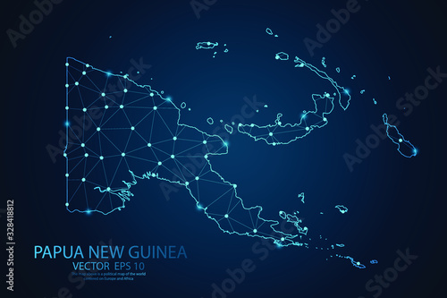 Abstract mash line and point scales on dark background with map of Papua new guinea. Wire frame 3D mesh polygonal network line, design sphere, dot and structure. Vector illustration eps 10.