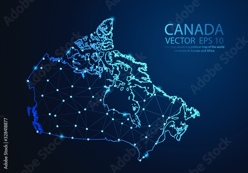 Fototapeta Abstract mash line and point scales on dark background with map of Canada. Wire frame 3D mesh polygonal network line, design sphere, dot and structure. Vector illustration eps 10.