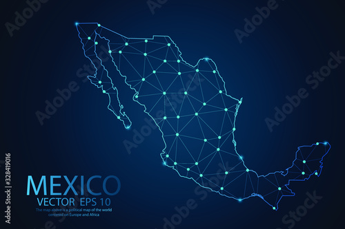 Abstract mash line and point scales On dark background with map of Mexico. Wire frame 3D mesh polygonal network line, design sphere, dot and structure. Vector illustration eps 10.