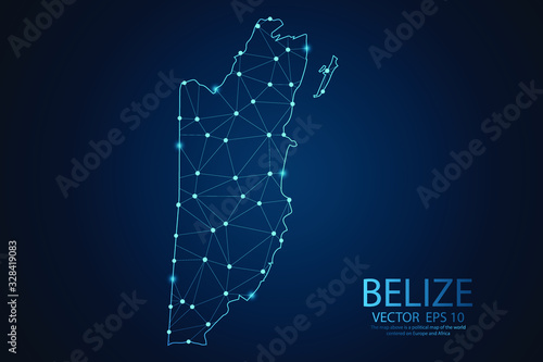 Abstract mash line and point scales on dark background with map of Belize. Wire frame 3D mesh polygonal network line, design sphere, dot and structure. Vector illustration eps 10.