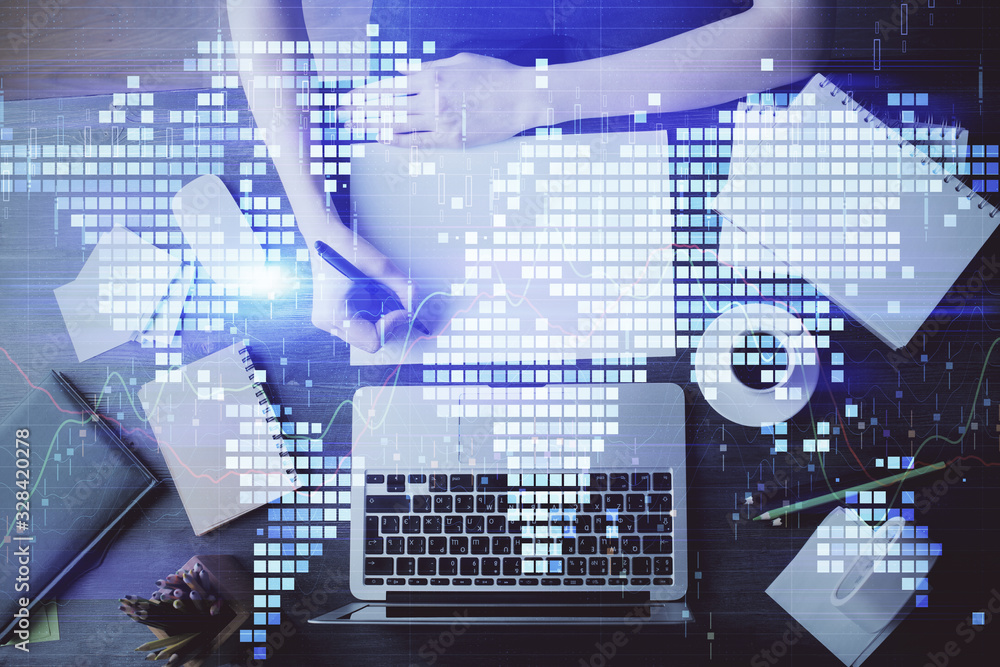 Fototapeta premium International business hud over woman's hands writing background. Concept of hard work. Double exposure