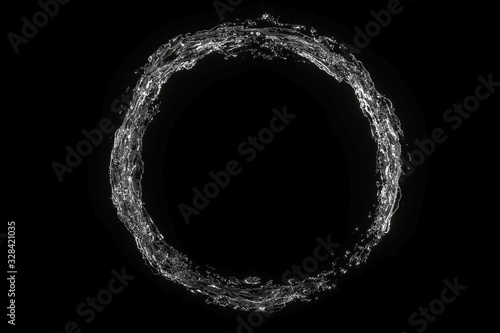 Water splash circle isolated on black color background. 3D Render illustration