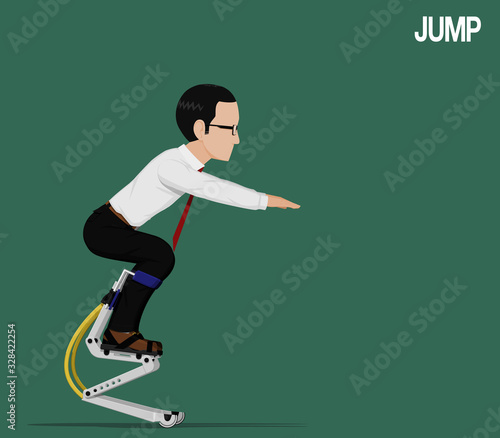 A businessman is jumping with jumping equipment