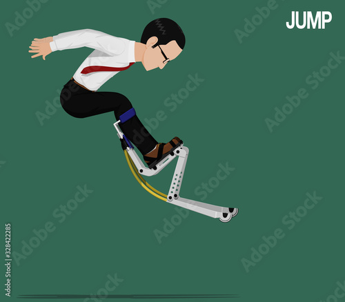 A businessman is jumping with jumping equipment