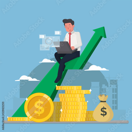 Businessman analyze profit sitting on a stack of coins
