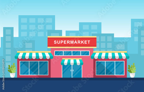 Supermarket Grocery Store Retail Shop Mall City Building Flat Illustration
