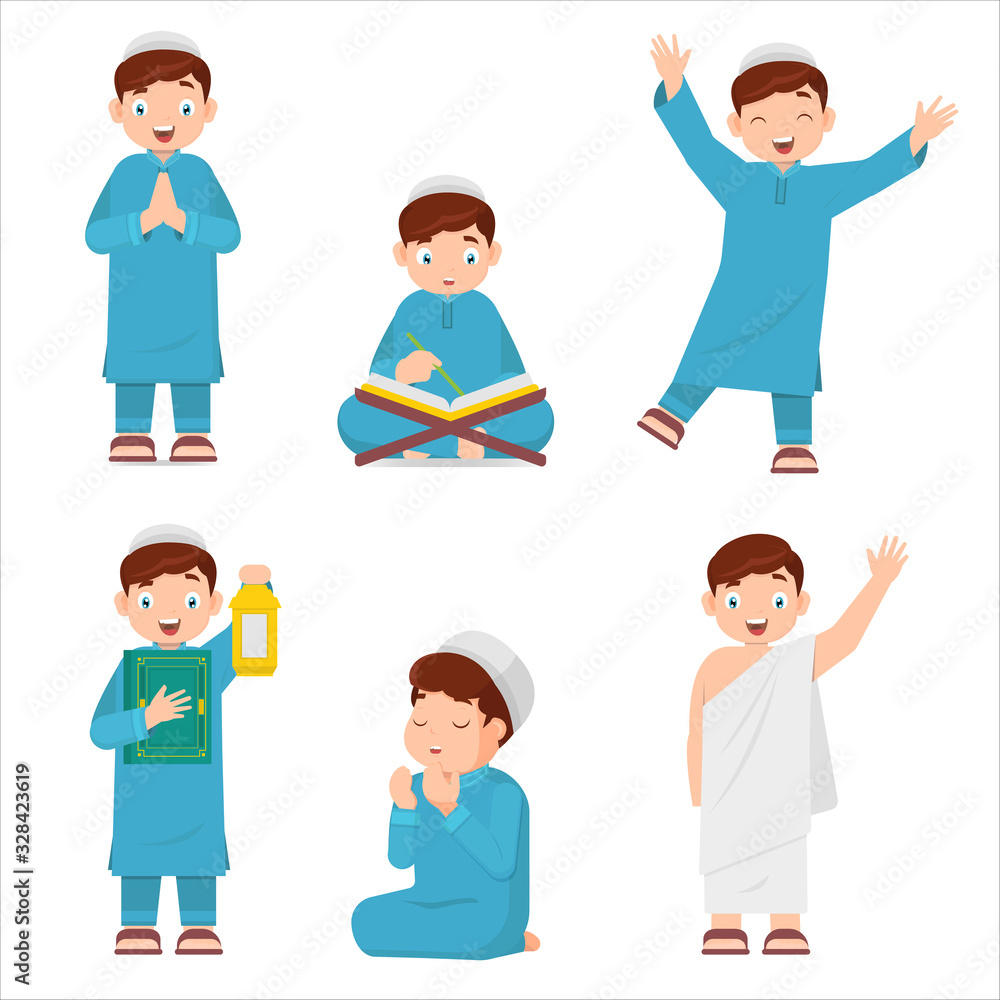 set of muslim boy reading Quran, Carrying Lanterns, Praying set of muslim boy reading Quran, Carrying Lanterns, Praying